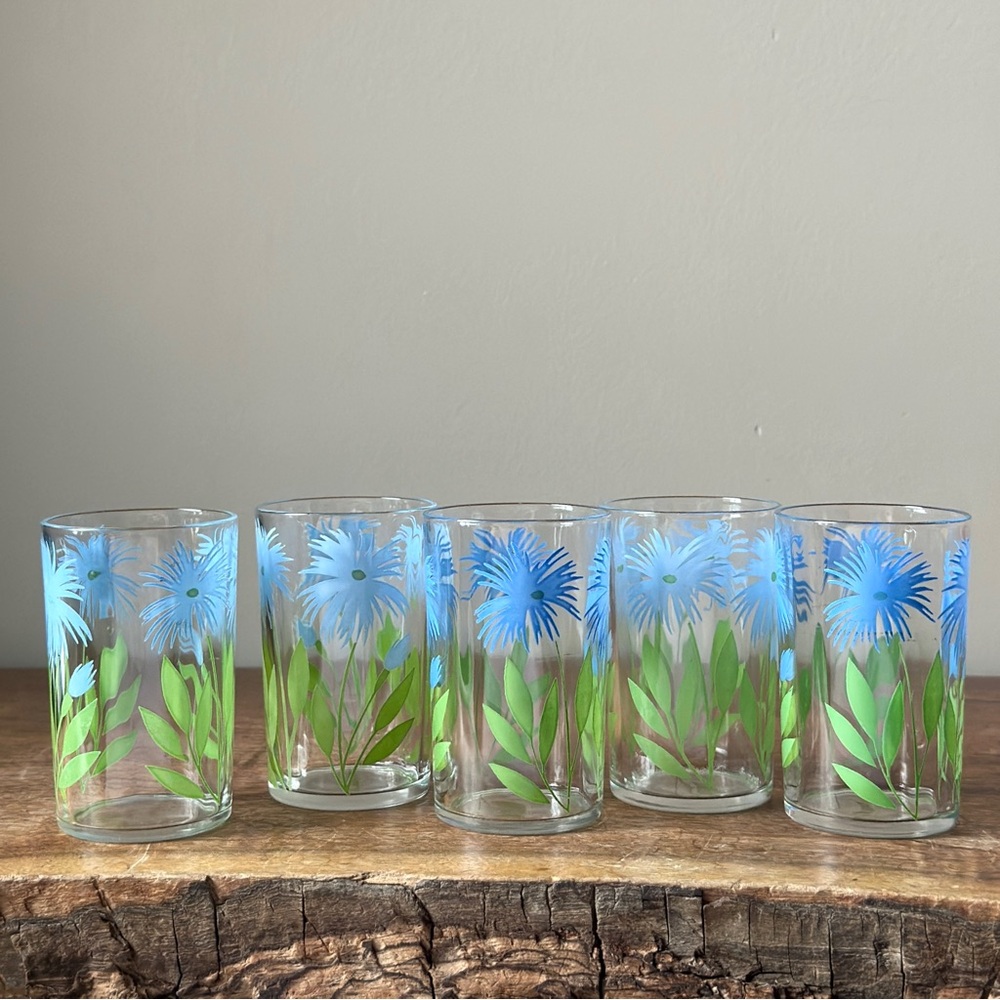 Vintage Kraft "Swanky Swig" Juice Glasses Blue Cornflower Pattern MCM Set of 5 - Picture 4 of 10